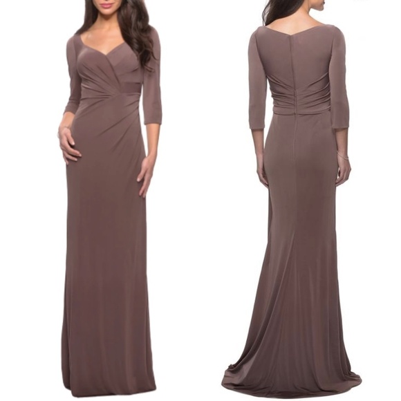 NWT La Femme 26955 Floor Length Jersey Gown in Cocoa Sz. 14 - Picture 1 of 4